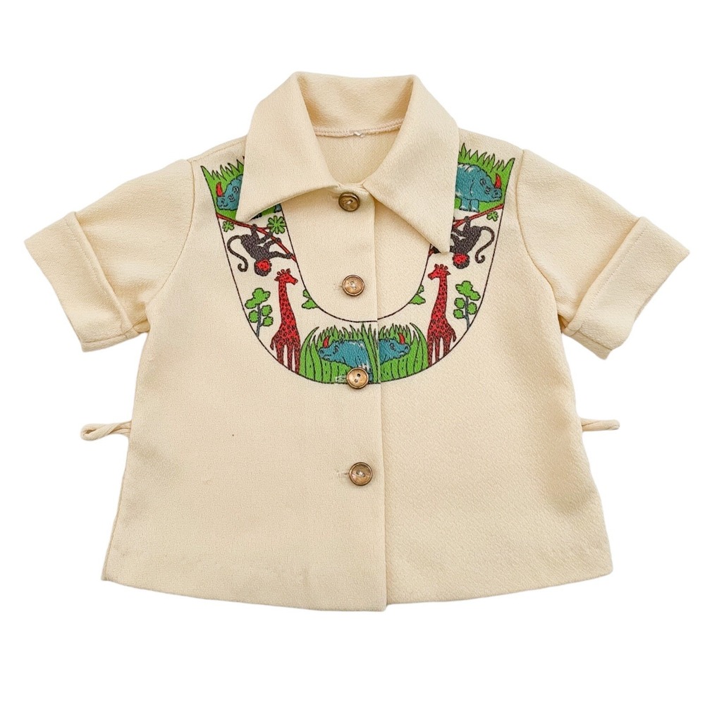 Vintage 60s 70s Toddler Button Up Shirt - Giraffe Monkey Rhino (12" x 11.5")